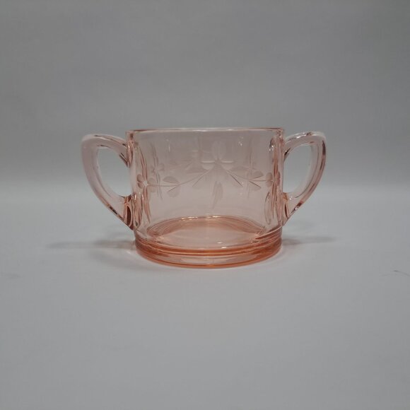 Pink Depression Double Handled Open Sugar Bowl Etched Floral Decor 30s Vintage - Picture 1 of 10